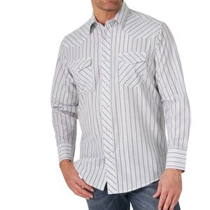 Wrangler Western Shirt Mens Pearl Snap White Silver Metallic Stripe Rodeo Small